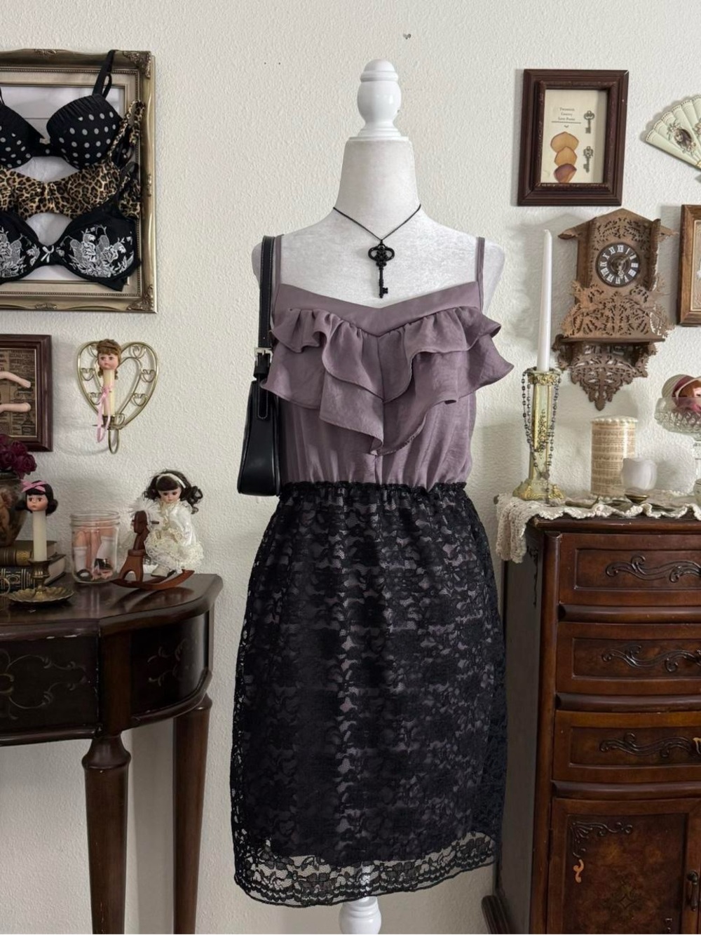Romantic girly goth lavender and black ruffled lace vampy dress